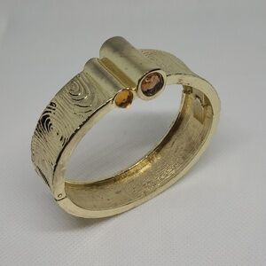 GOLD TONE Textured Hinged Cuff Bracelet With Amber Tone Jewels